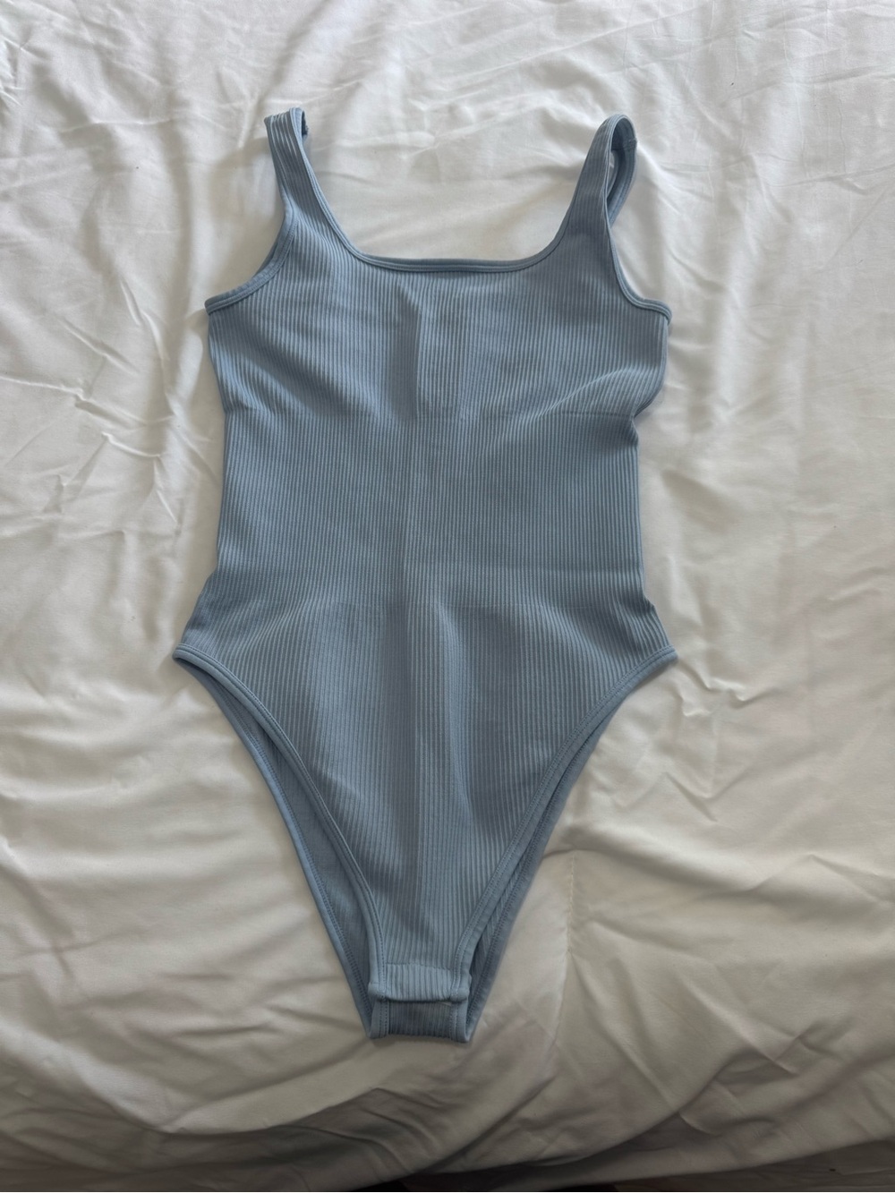 Ribbed Square-Neck Bodysuit - Light Blue